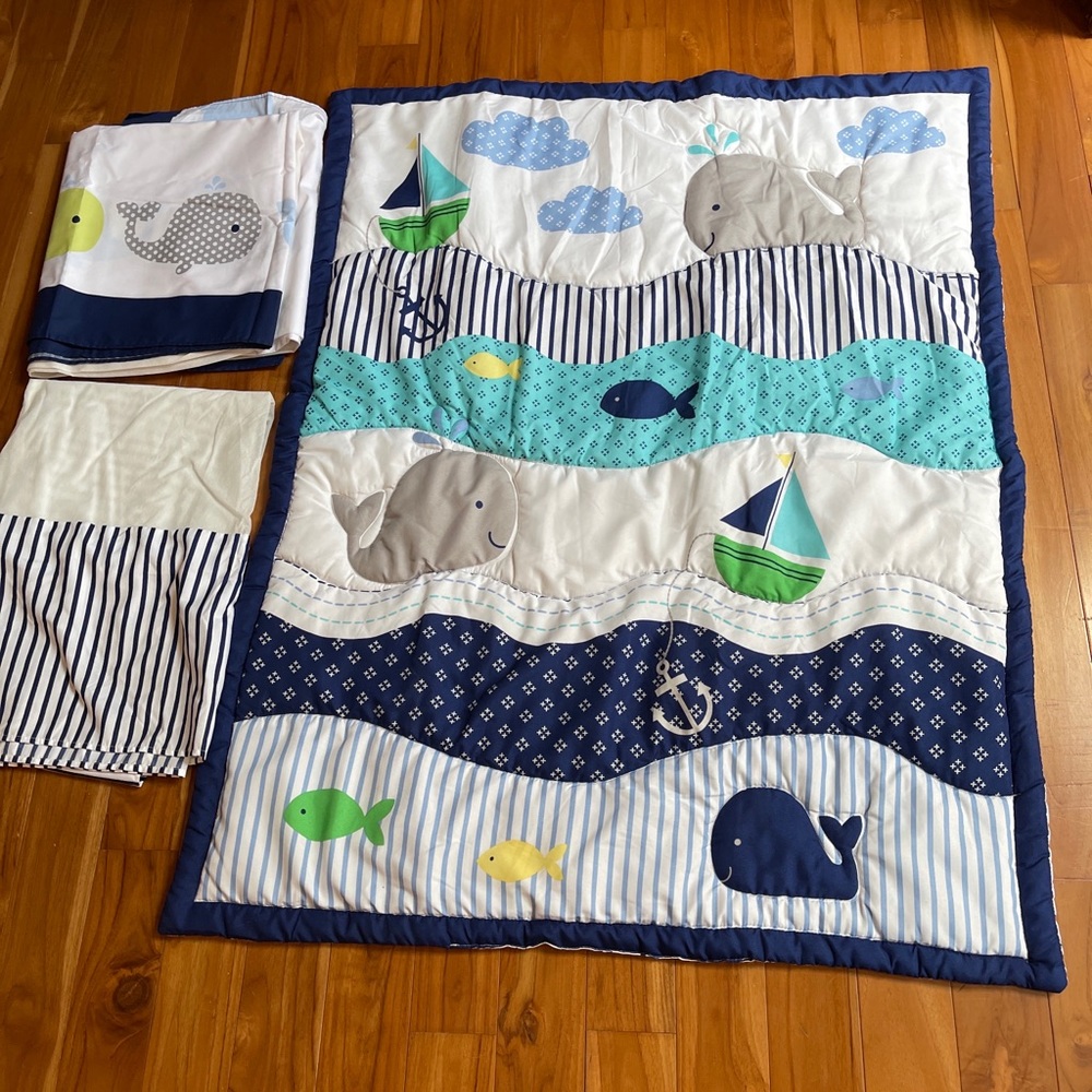 Nursery crib set Nautical Baby Quilt & 2 Crib Skirts BOAT ANCHOR WHALE S…